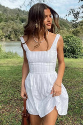 Square Neck Low Back Texture A-Line Sleeveless Mini Dresses-White